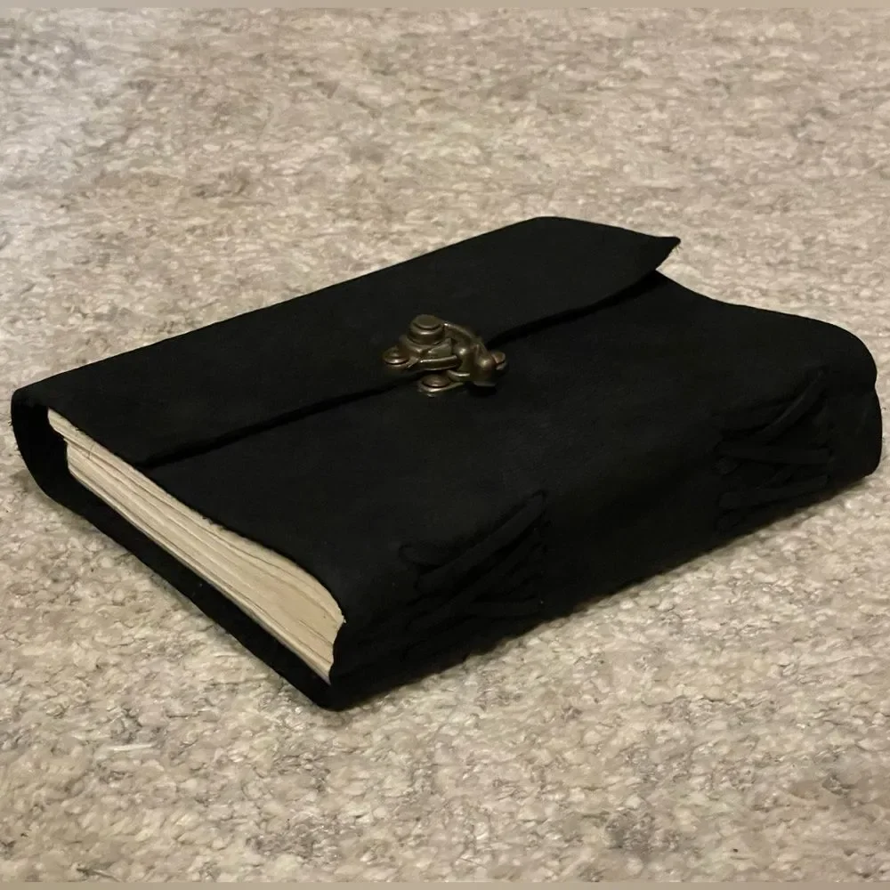 Hand-bound Black Leather Journal with Brass Clasp and Recycled Paper
